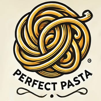 Logo including the representation of a bundle of intertwined golden pasta, visually resembling a knot and the text 'Perfect Pasta' below